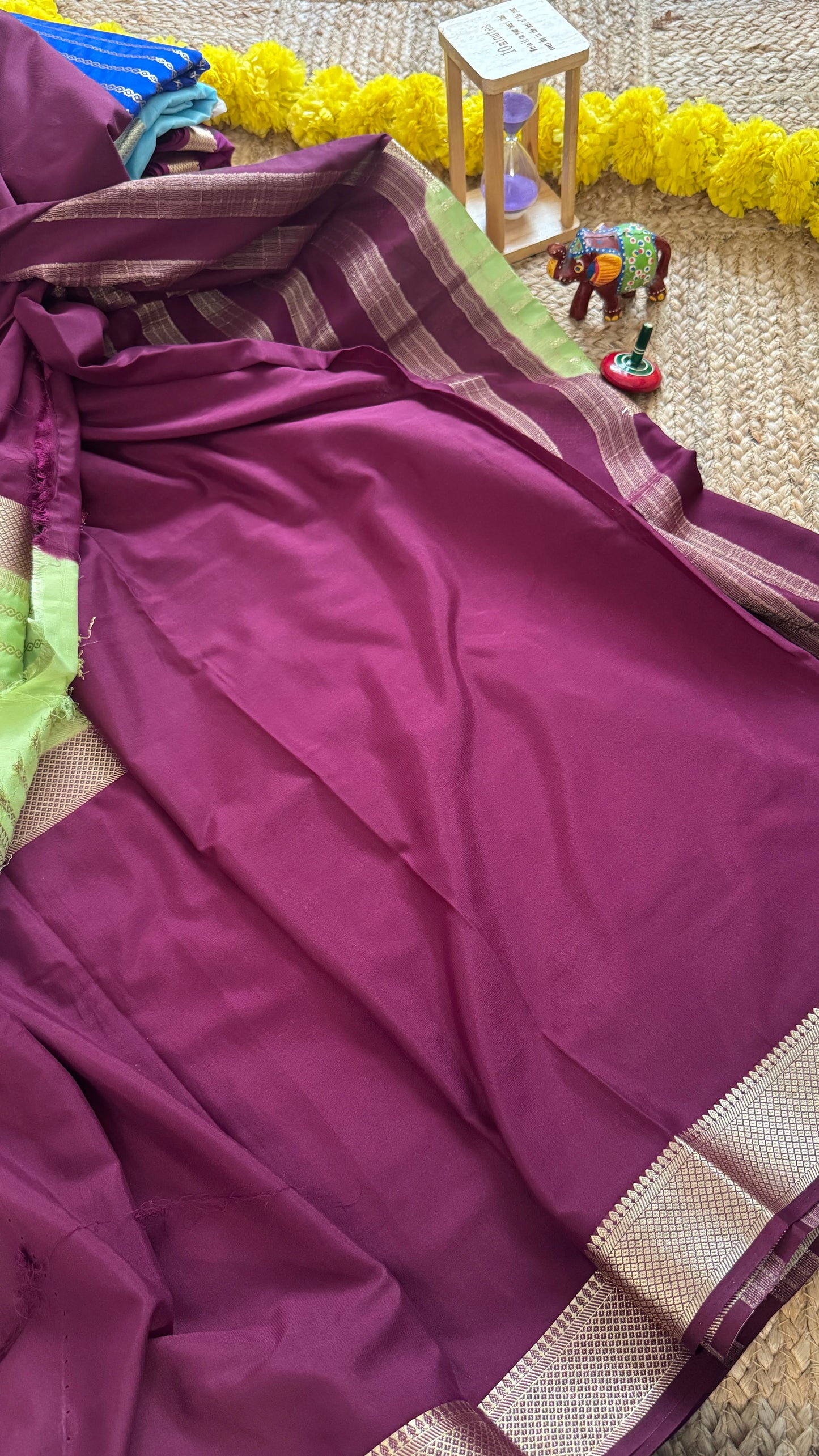 Magenta and Pista Green - Premium Semi Mysore Crepe Silk Centre Stripes Saree
