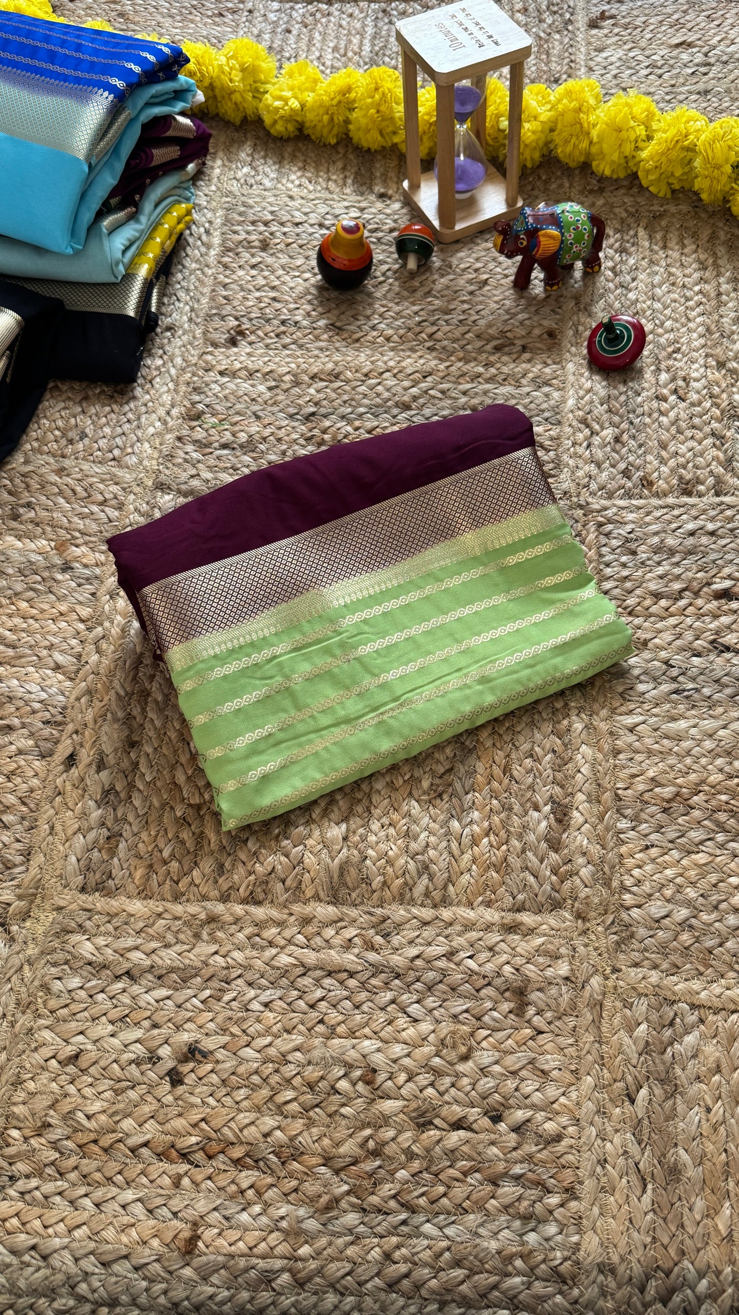 Magenta and Pista Green - Premium Semi Mysore Crepe Silk Centre Stripes Saree