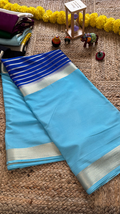 Sky Blue and Royal Blue - Premium Semi Mysore Crepe Silk Centre Stripes Saree