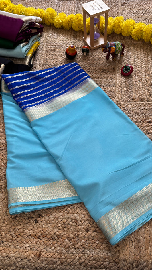 Sky Blue and Royal Blue - Premium Semi Mysore Crepe Silk Centre Stripes Saree