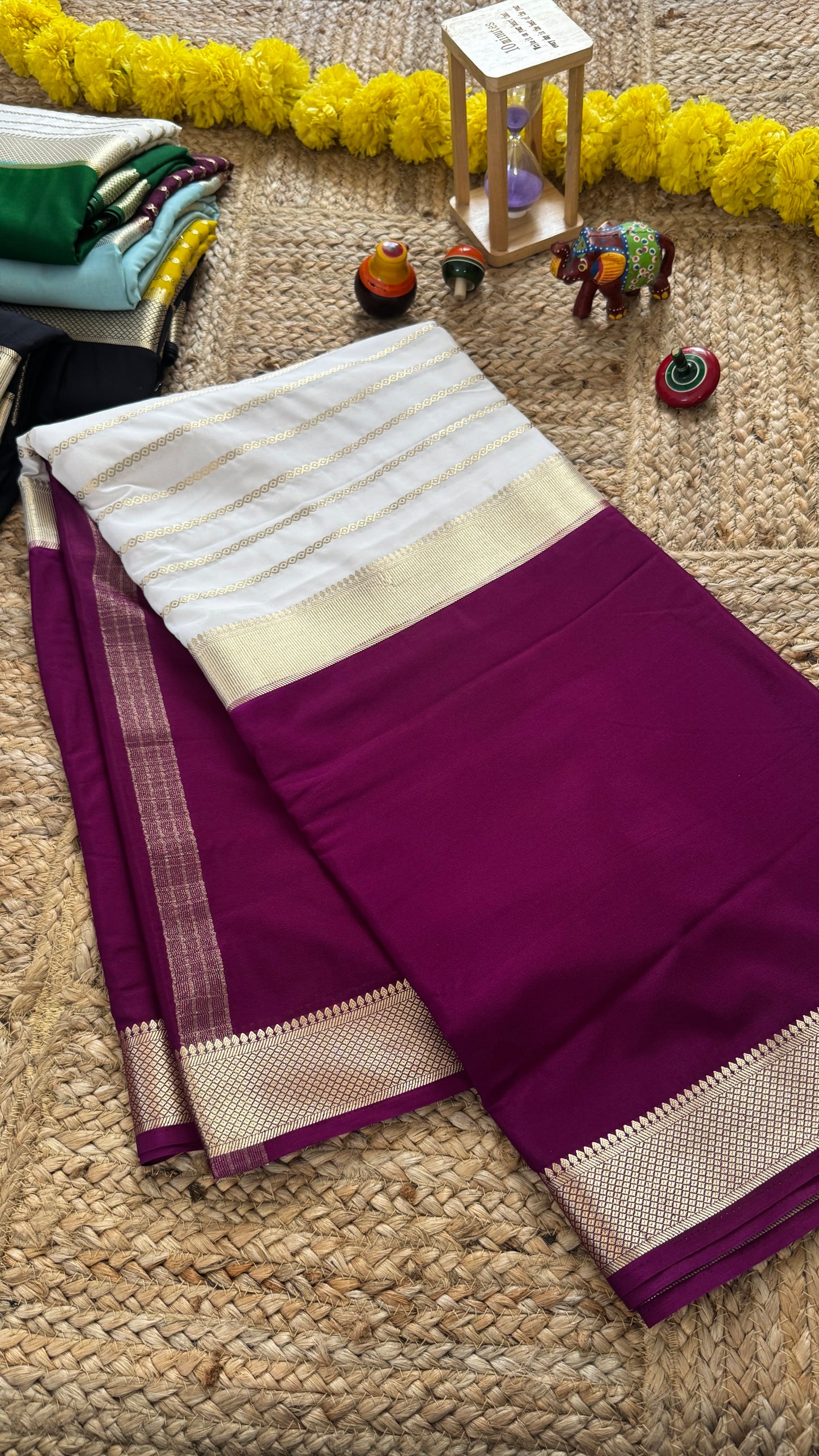 Cream and Purple - Premium Semi Mysore Crepe Silk Centre Stripes Saree
