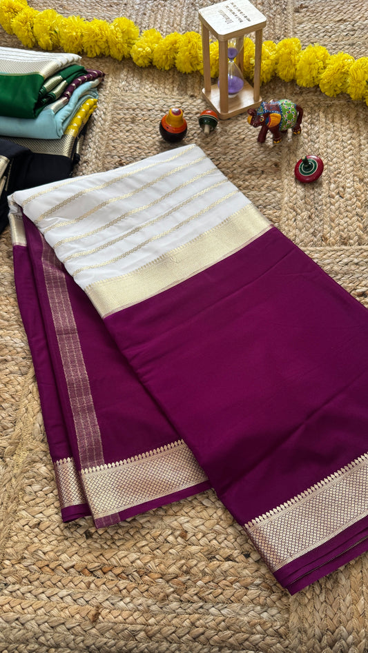 Cream and Purple - Premium Semi Mysore Crepe Silk Centre Stripes Saree