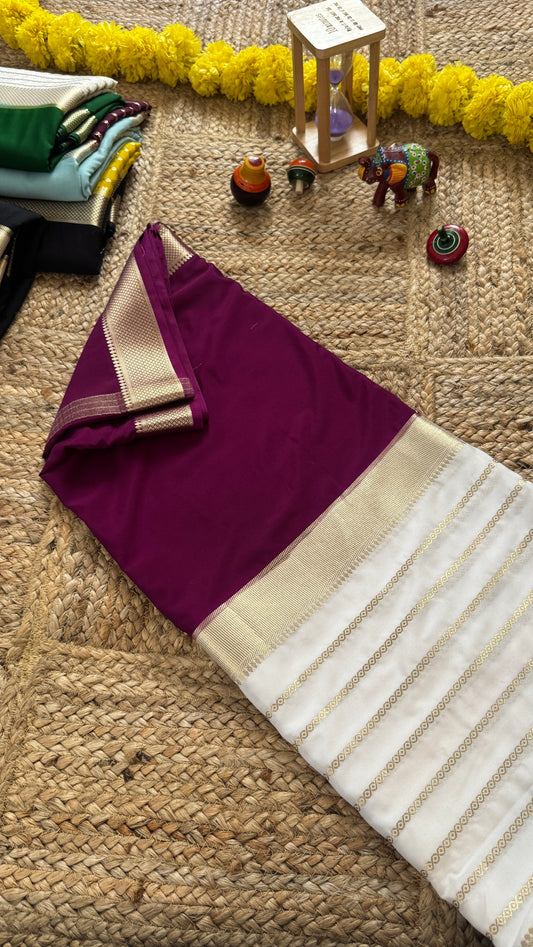 Cream and Purple - Premium Semi Mysore Crepe Silk Centre Stripes Saree