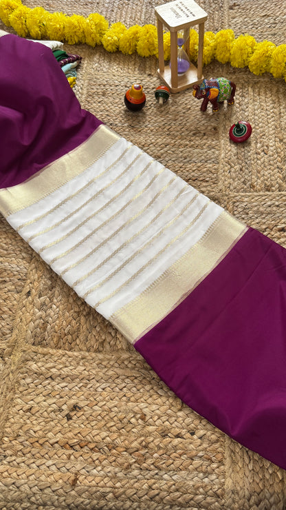 Cream and Purple - Premium Semi Mysore Crepe Silk Centre Stripes Saree