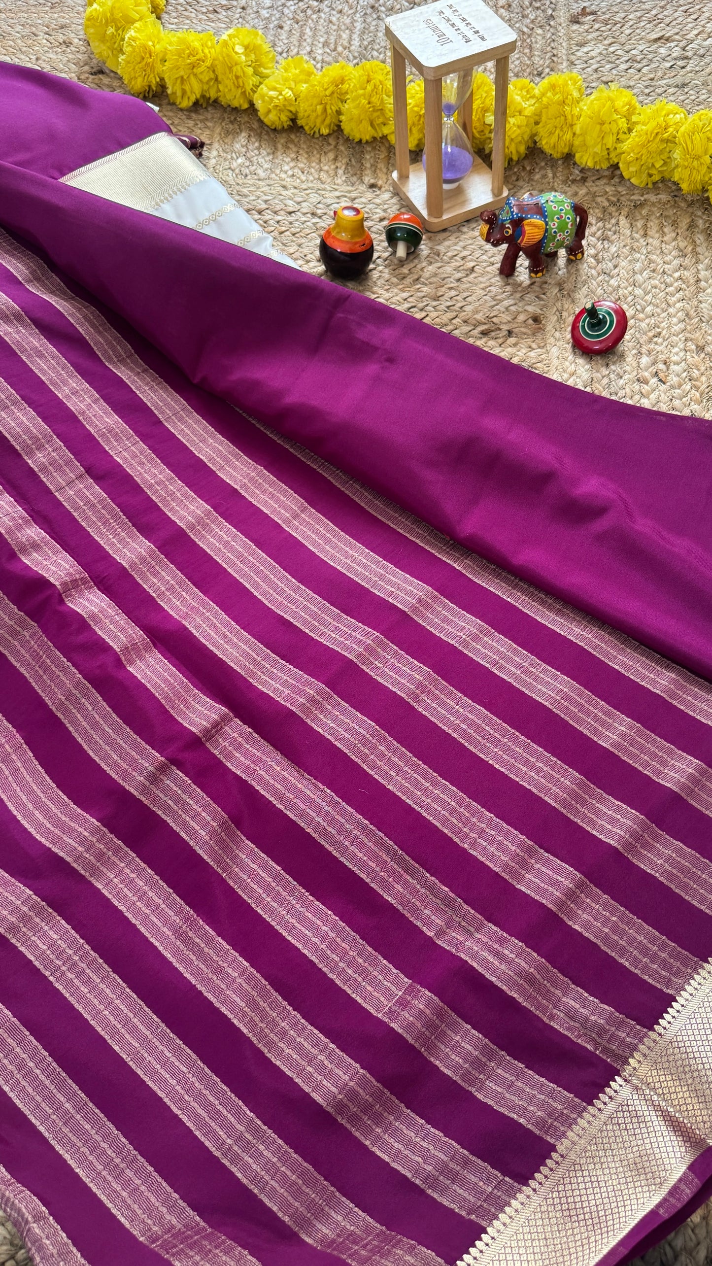 Cream and Purple - Premium Semi Mysore Crepe Silk Centre Stripes Saree
