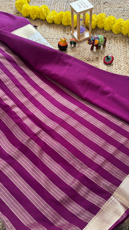 Cream and Purple - Premium Semi Mysore Crepe Silk Centre Stripes Saree
