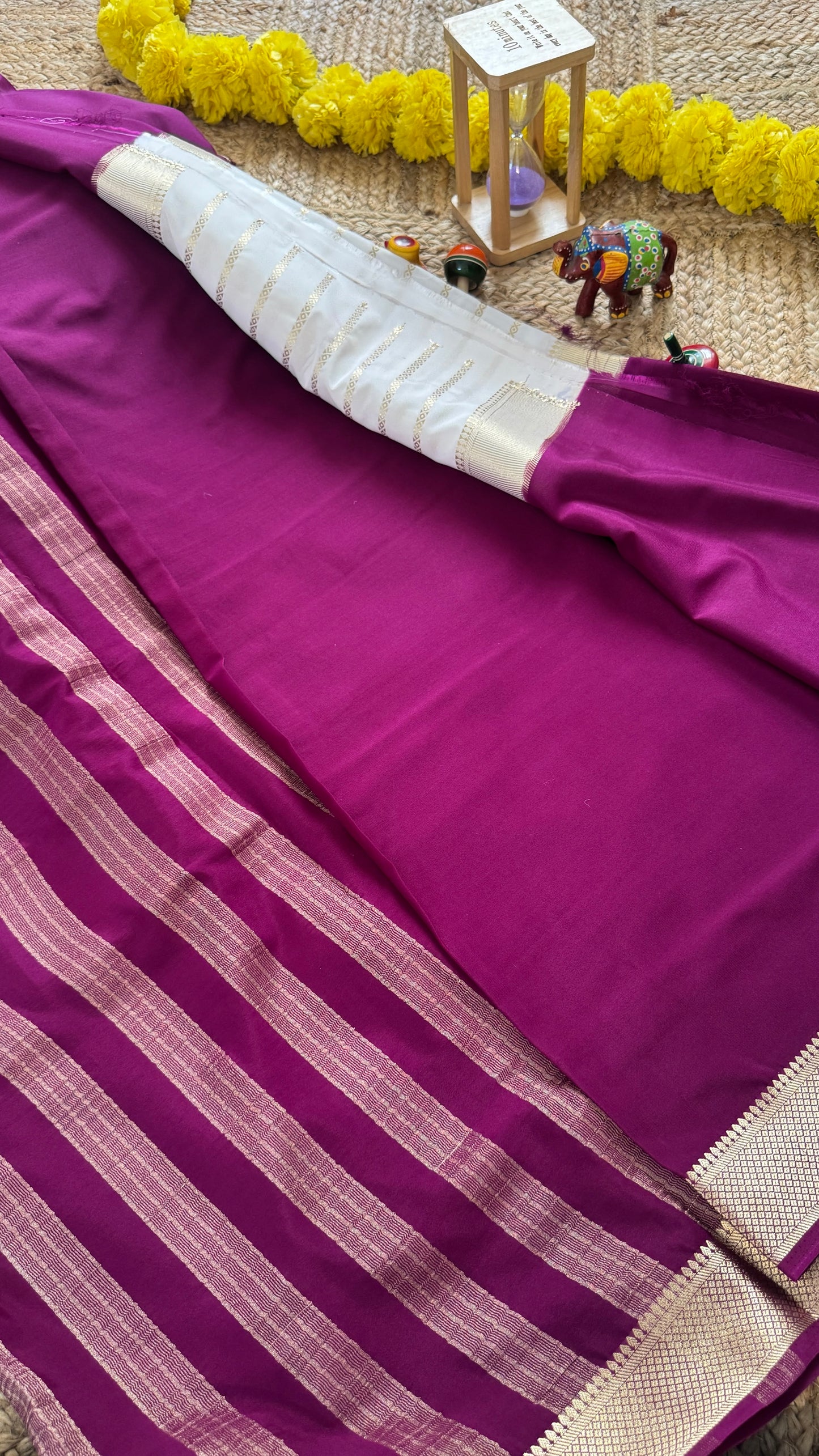 Cream and Purple - Premium Semi Mysore Crepe Silk Centre Stripes Saree