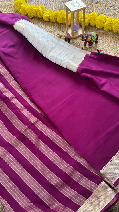 Cream and Purple - Premium Semi Mysore Crepe Silk Centre Stripes Saree