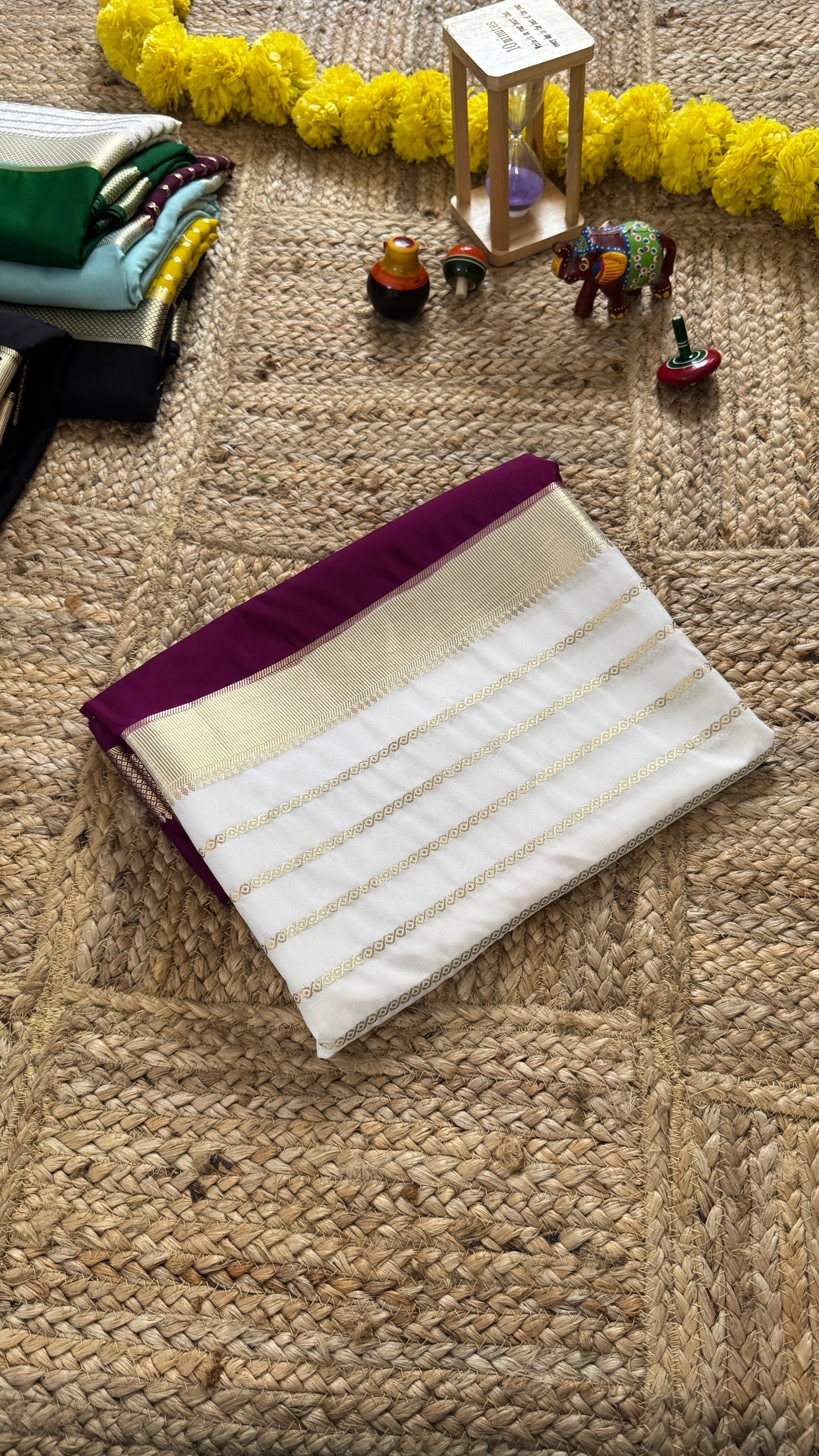 Cream and Purple - Premium Semi Mysore Crepe Silk Centre Stripes Saree