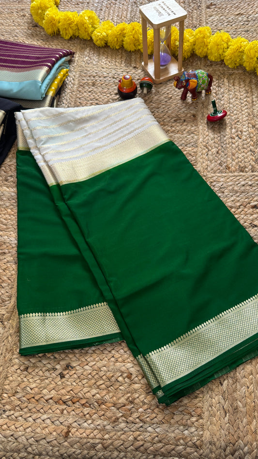 Cream and Green - Premium Semi Mysore Crepe Silk Centre Stripes Saree