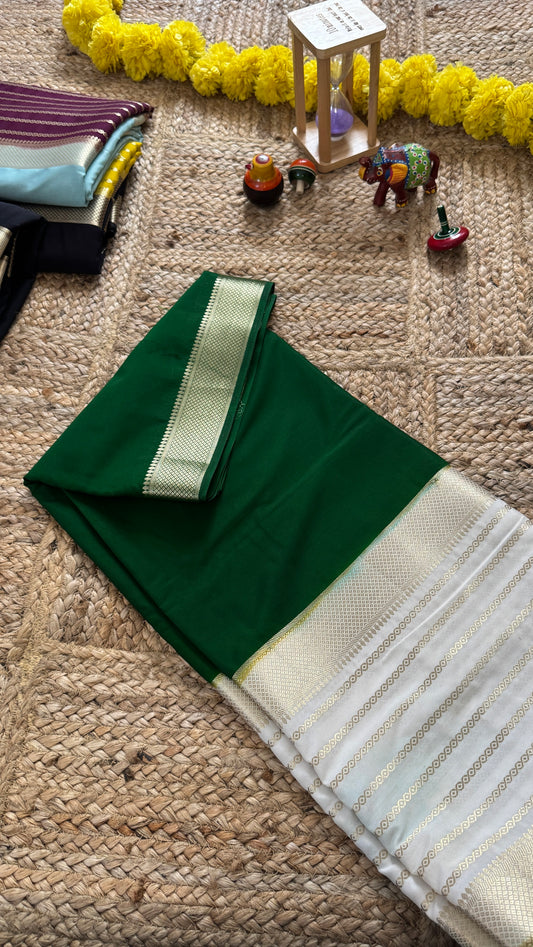 Cream and Green - Premium Semi Mysore Crepe Silk Centre Stripes Saree