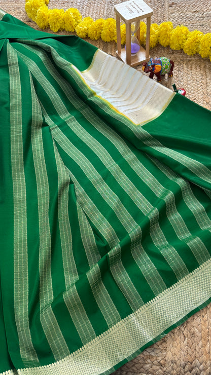 Cream and Green - Premium Semi Mysore Crepe Silk Centre Stripes Saree