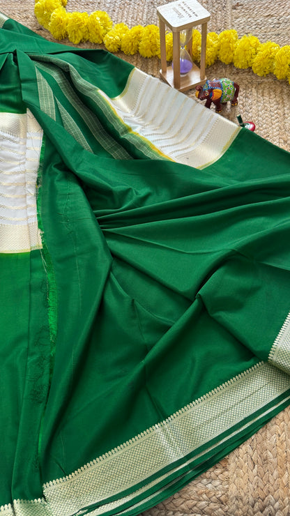 Cream and Green - Premium Semi Mysore Crepe Silk Centre Stripes Saree