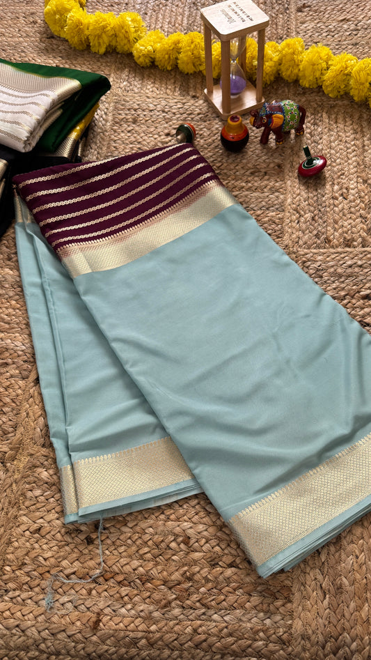 Sky Blue and Purple - Premium Semi Mysore Crepe Silk Centre Stripes Saree