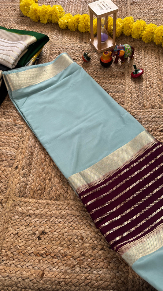 Sky Blue and Purple - Premium Semi Mysore Crepe Silk Centre Stripes Saree