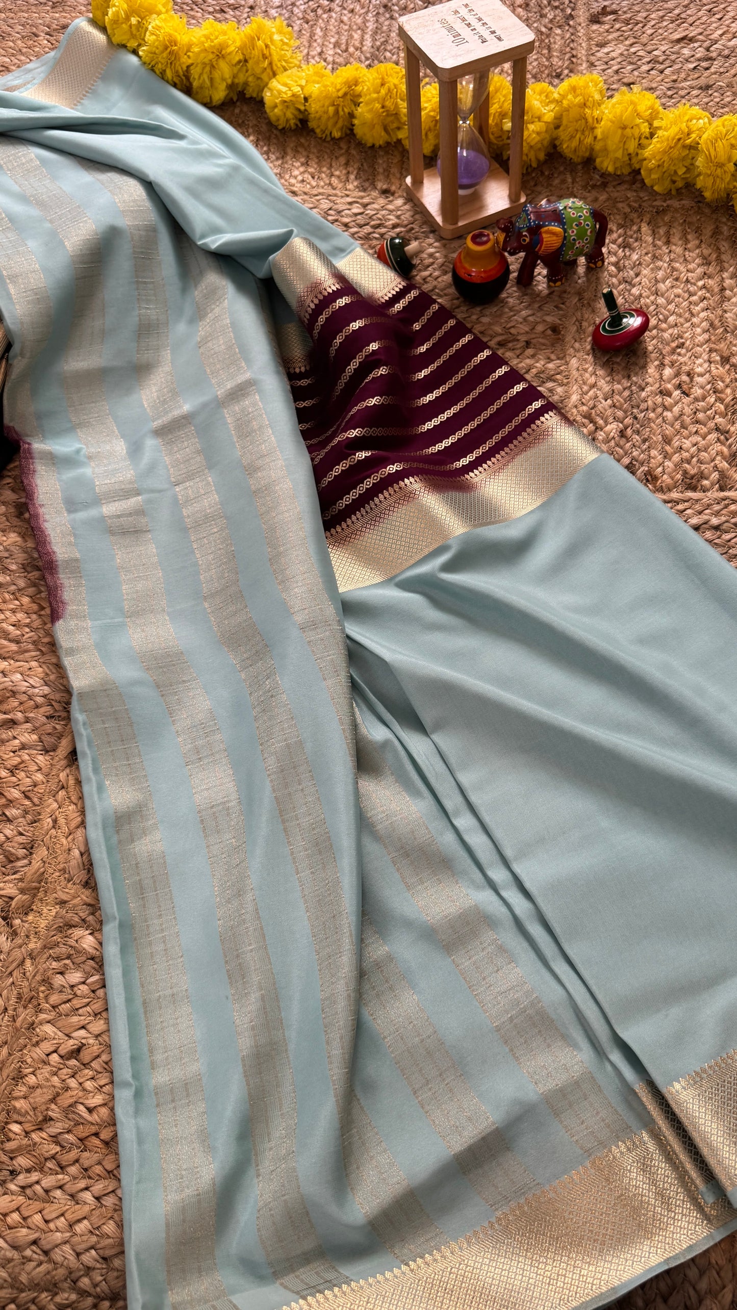 Sky Blue and Purple - Premium Semi Mysore Crepe Silk Centre Stripes Saree