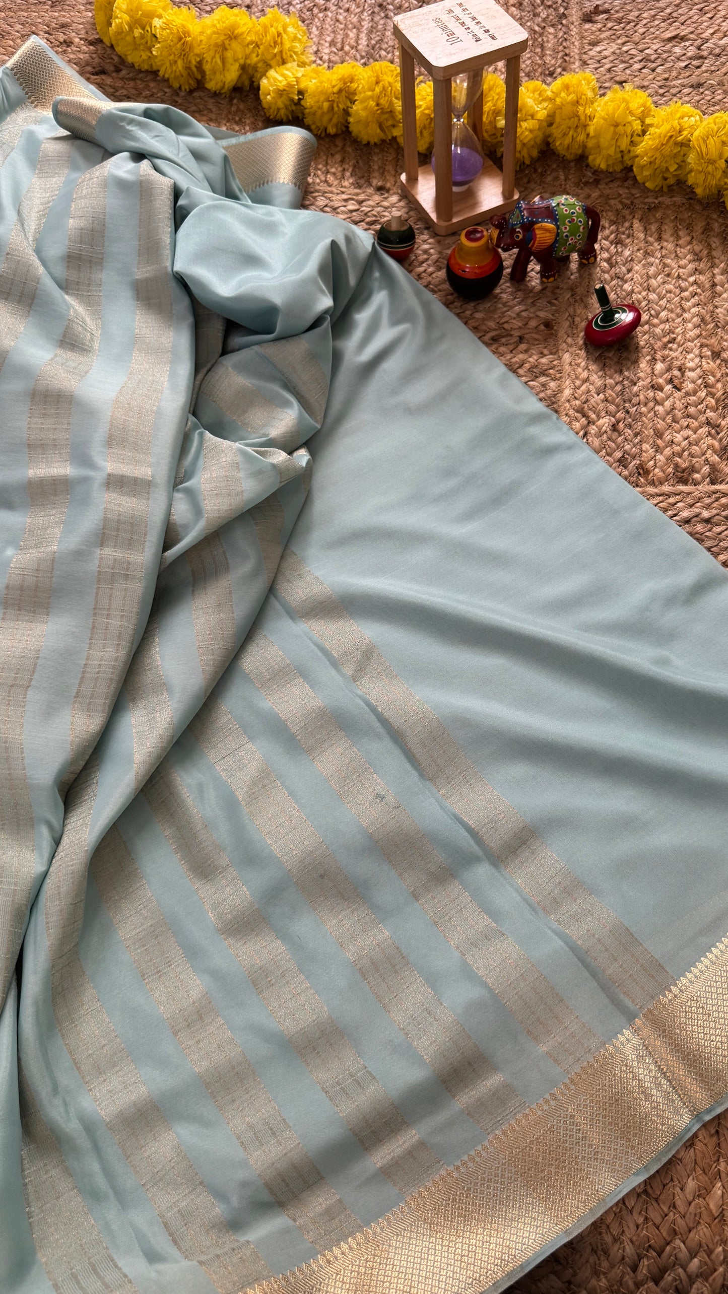 Sky Blue and Purple - Premium Semi Mysore Crepe Silk Centre Stripes Saree
