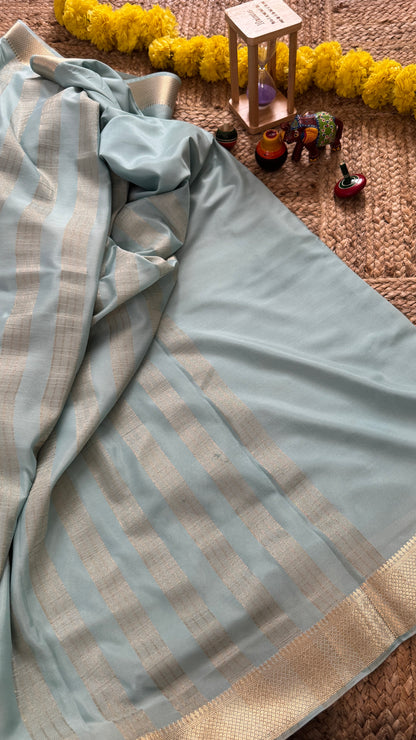 Sky Blue and Purple - Premium Semi Mysore Crepe Silk Centre Stripes Saree