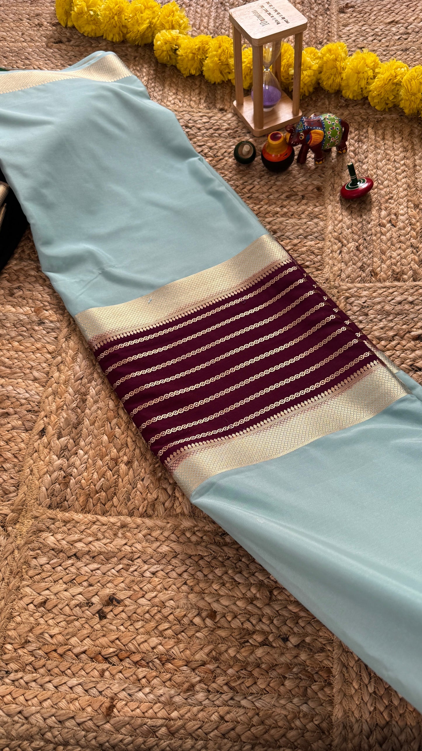 Sky Blue and Purple - Premium Semi Mysore Crepe Silk Centre Stripes Saree