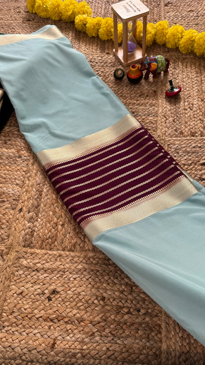 Sky Blue and Purple - Premium Semi Mysore Crepe Silk Centre Stripes Saree