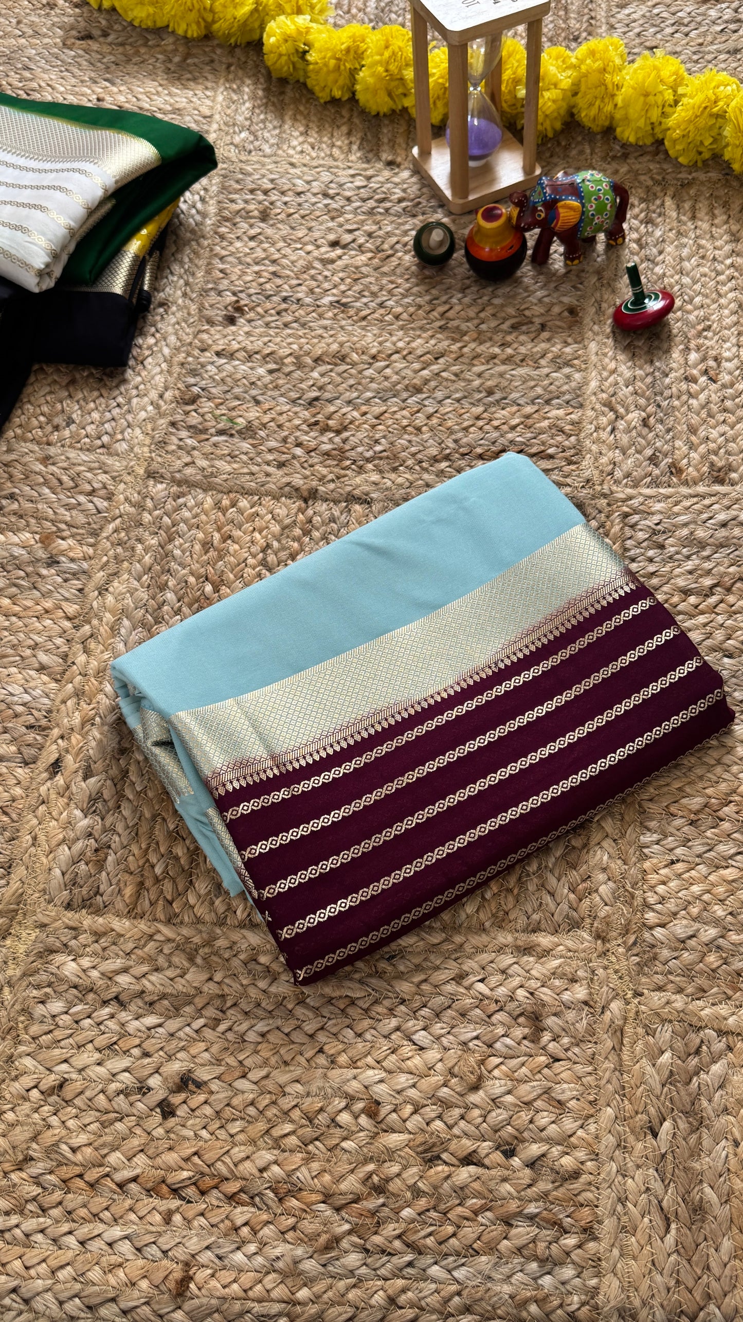 Sky Blue and Purple - Premium Semi Mysore Crepe Silk Centre Stripes Saree