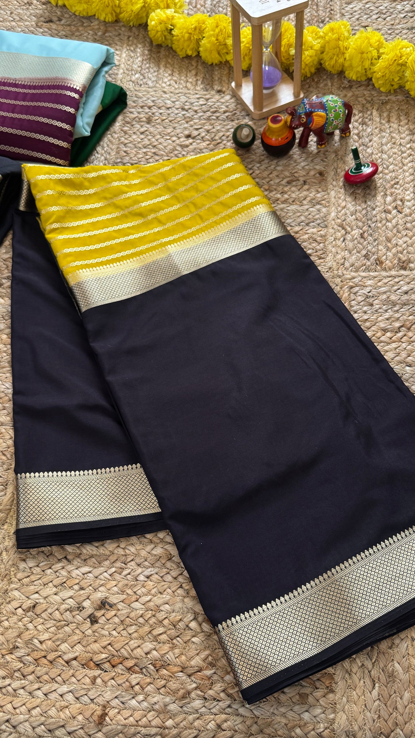 Black and Mustard - Premium Semi Mysore Crepe Silk Centre Stripes Saree