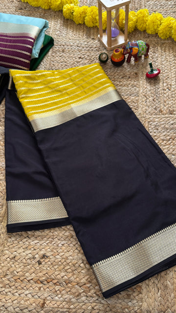 SIRI RADHA | Black and Mustard - Premium Semi Mysore Crepe Silk Centre Stripes Saree
