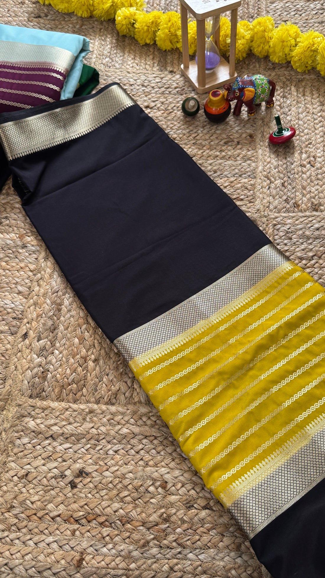 SIRI RADHA | Black and Mustard - Premium Semi Mysore Crepe Silk Centre Stripes Saree