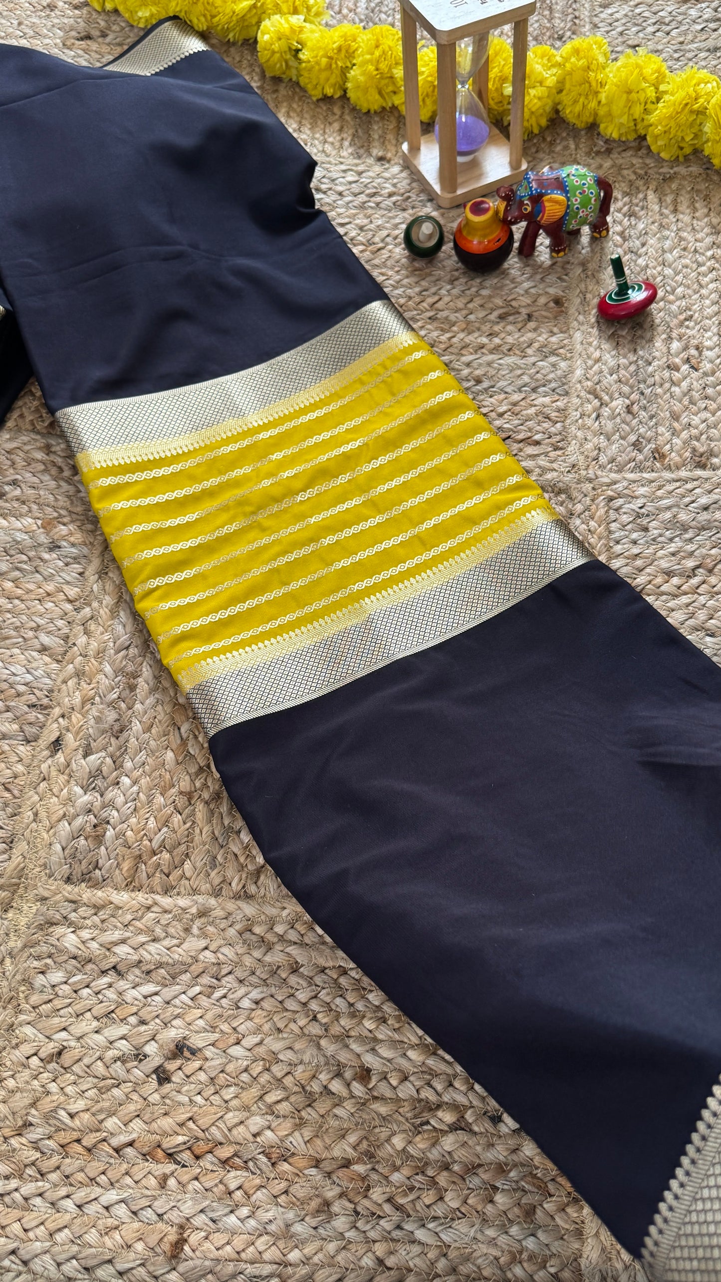 Black and Mustard - Premium Semi Mysore Crepe Silk Centre Stripes Saree