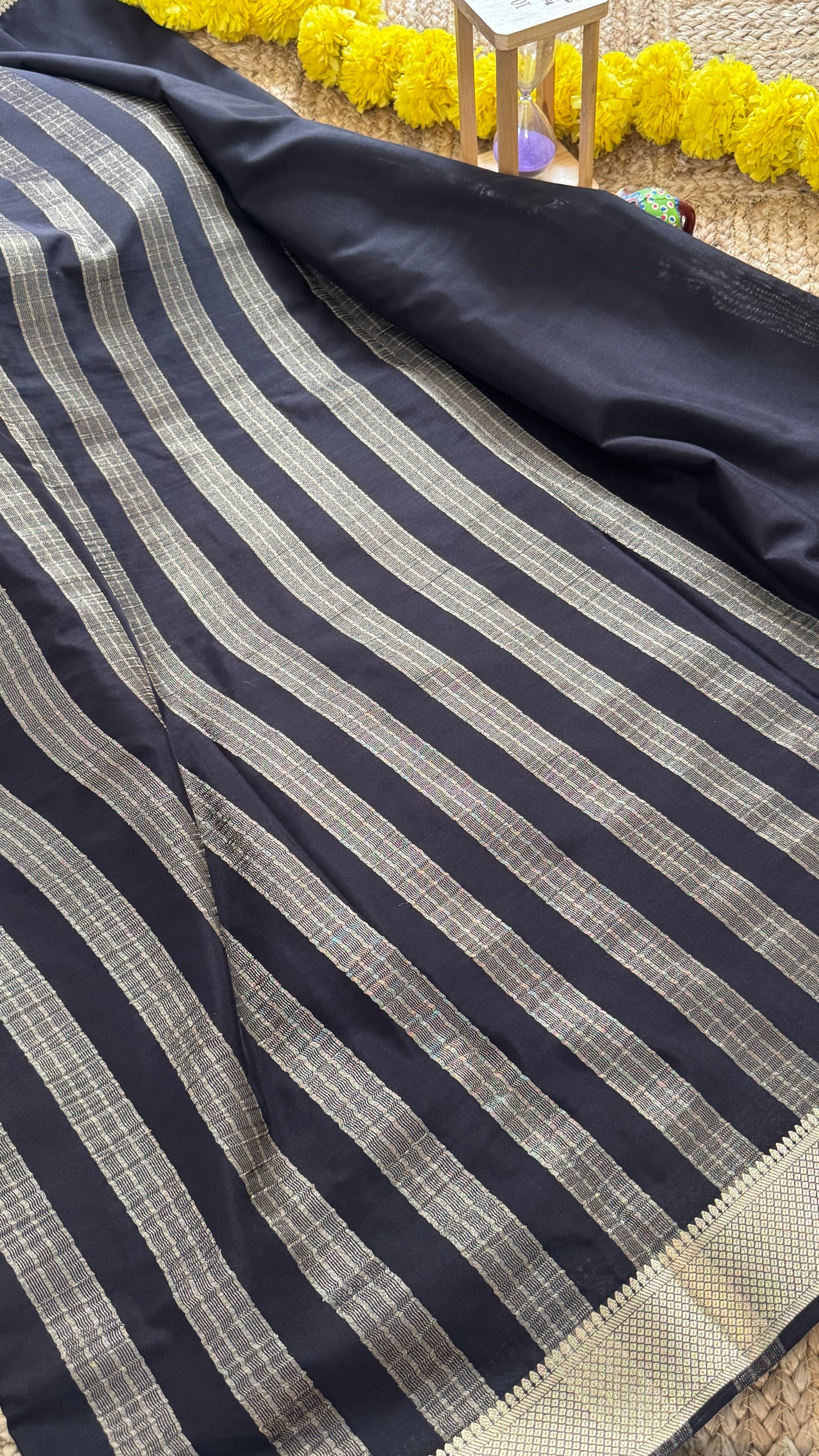 Black and Mustard - Premium Semi Mysore Crepe Silk Centre Stripes Saree