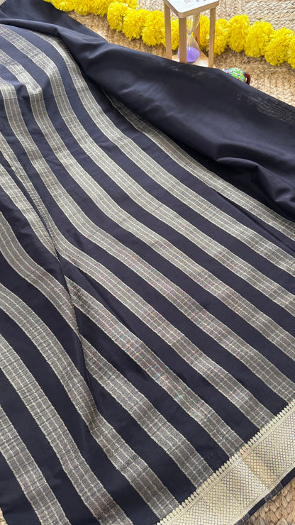 Black and Mustard - Premium Semi Mysore Crepe Silk Centre Stripes Saree