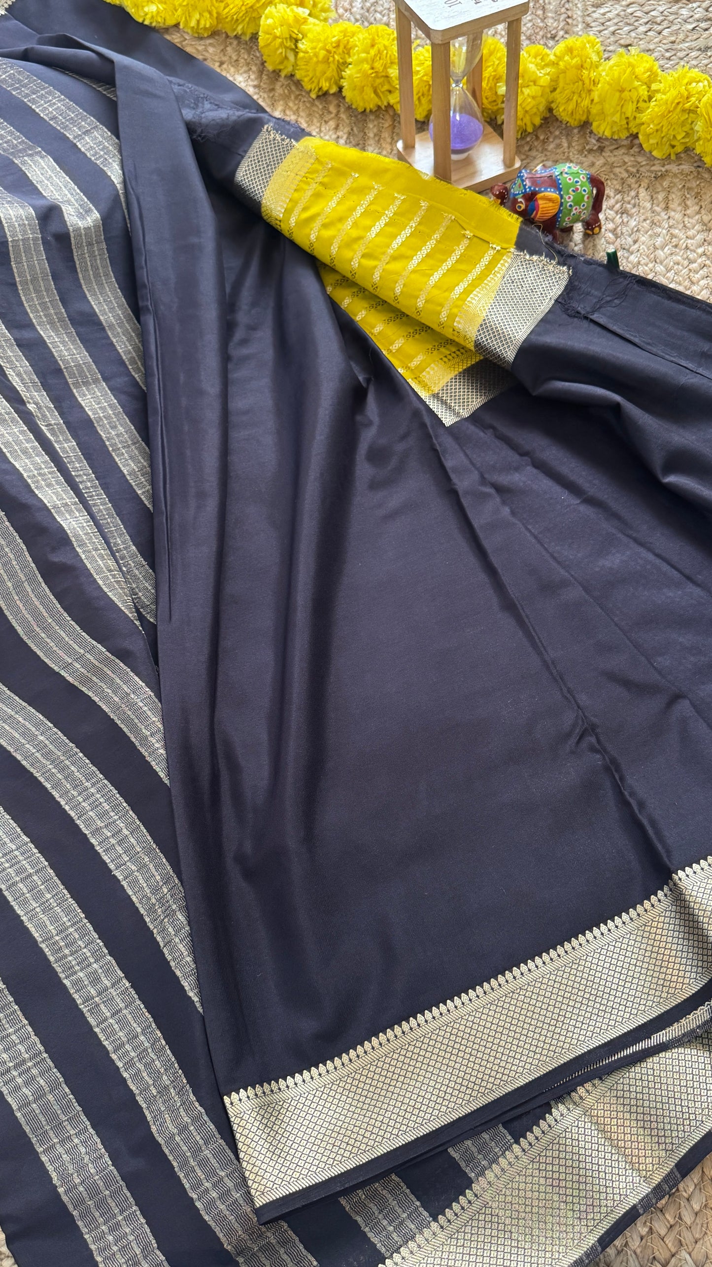 Black and Mustard - Premium Semi Mysore Crepe Silk Centre Stripes Saree