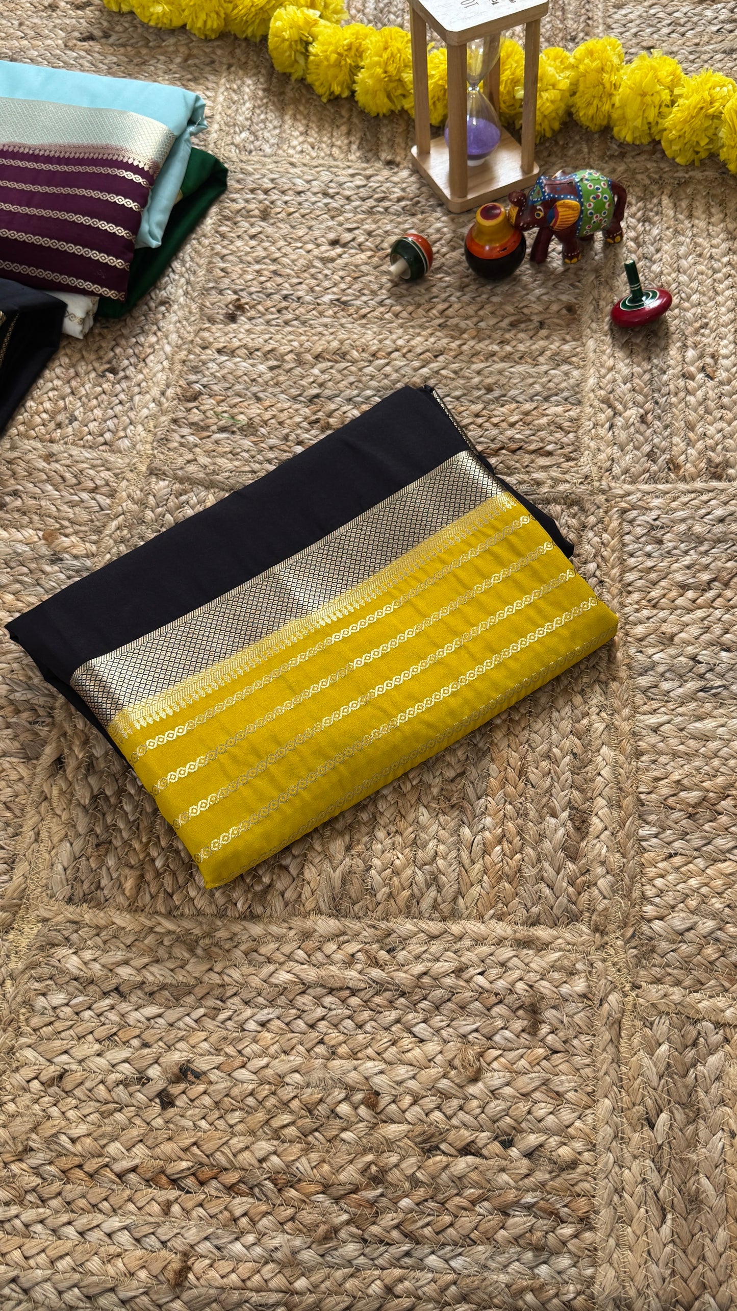 Black and Mustard - Premium Semi Mysore Crepe Silk Centre Stripes Saree