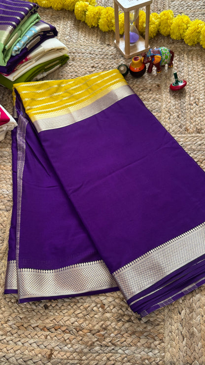 Purple and Mustard - Premium Semi Mysore Crepe Silk Centre Stripes Saree