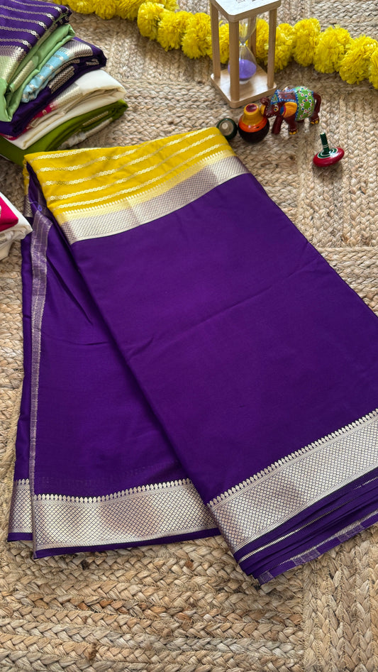 Purple and Mustard - Premium Semi Mysore Crepe Silk Centre Stripes Saree