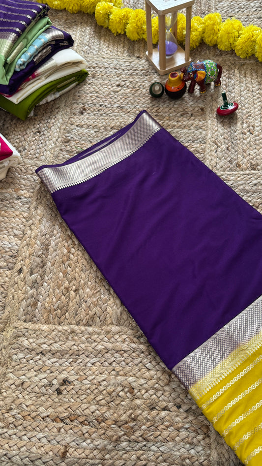Purple and Mustard - Premium Semi Mysore Crepe Silk Centre Stripes Saree