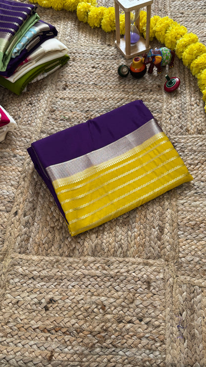 Purple and Mustard - Premium Semi Mysore Crepe Silk Centre Stripes Saree