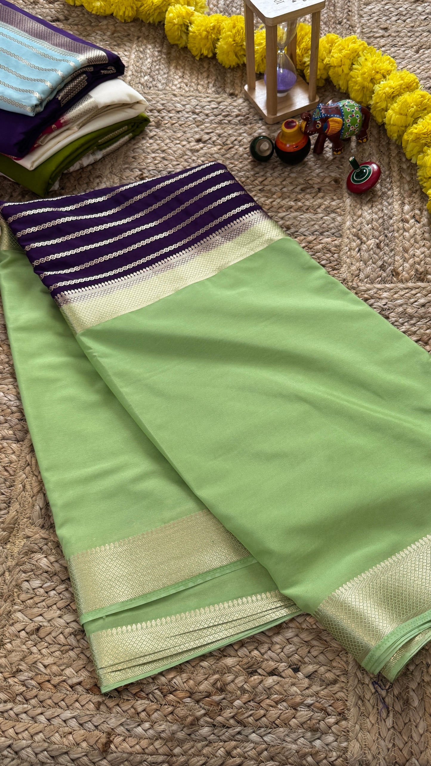 Pista Green and Purple - Premium Semi Mysore Crepe Silk Centre Stripes Saree