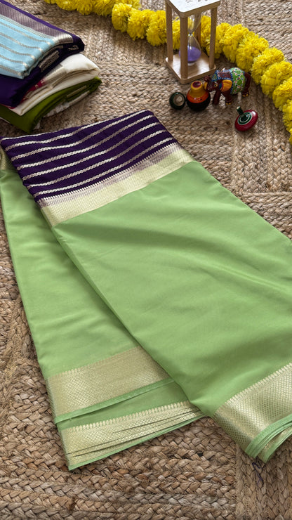 Pista Green and Purple - Premium Semi Mysore Crepe Silk Centre Stripes Saree