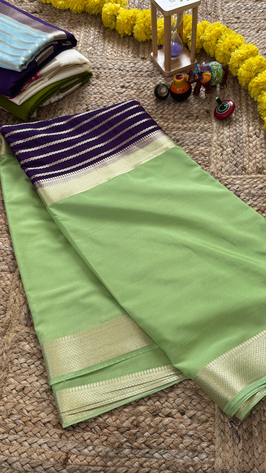 Pista Green and Purple - Premium Semi Mysore Crepe Silk Centre Stripes Saree