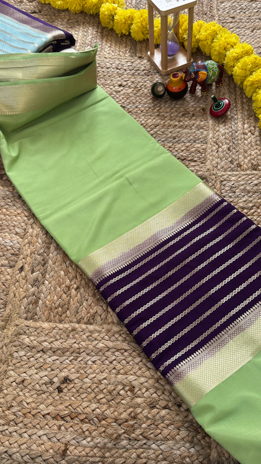 Pista Green and Purple - Premium Semi Mysore Crepe Silk Centre Stripes Saree