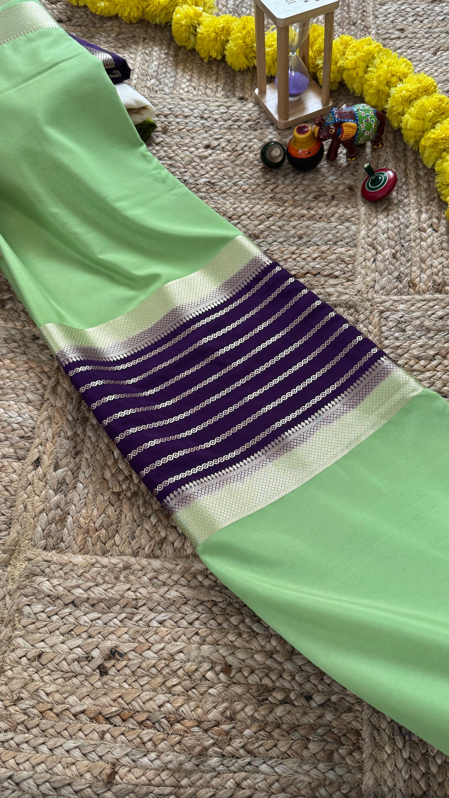 Pista Green and Purple - Premium Semi Mysore Crepe Silk Centre Stripes Saree