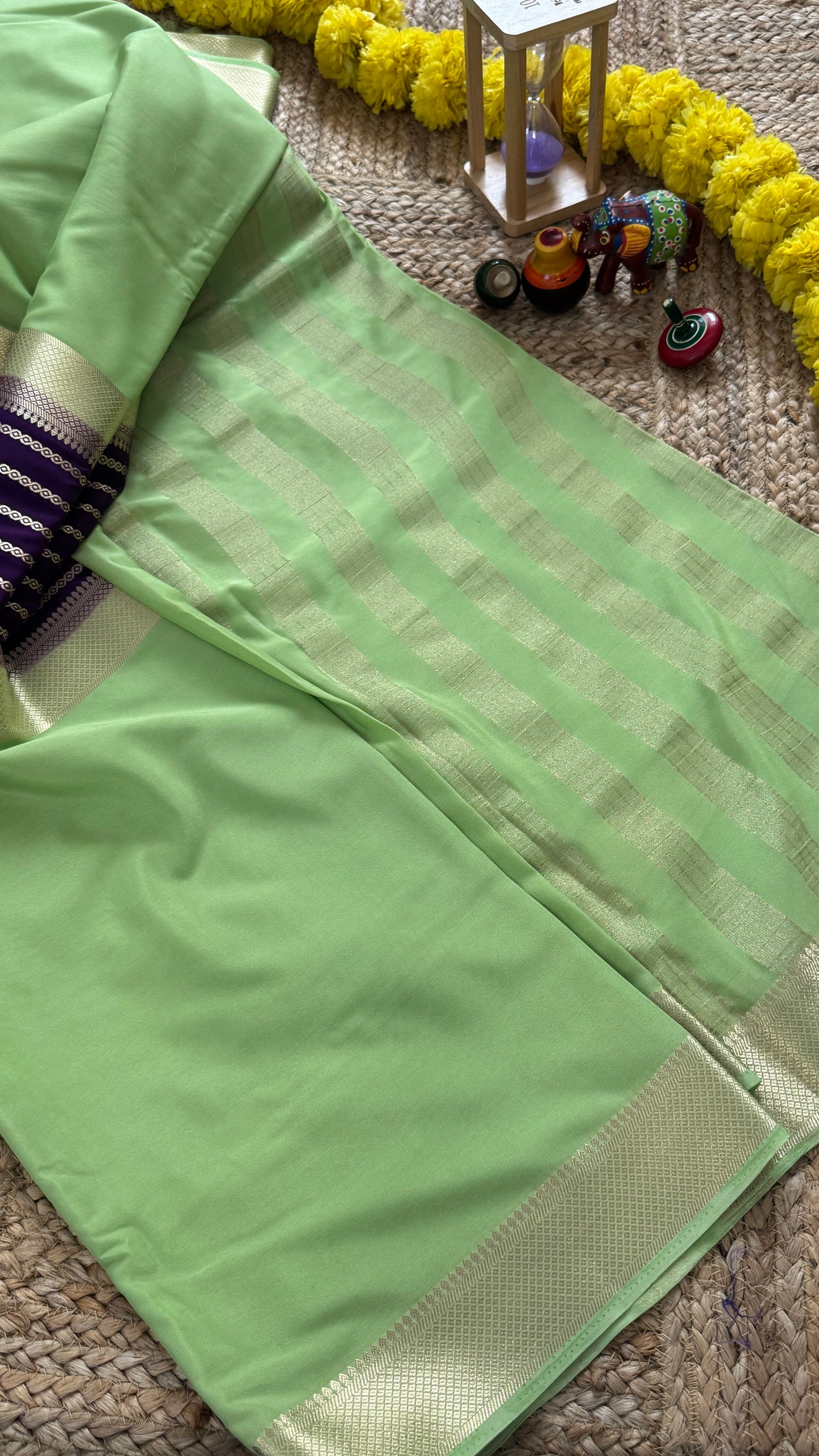 Pista Green and Purple - Premium Semi Mysore Crepe Silk Centre Stripes Saree