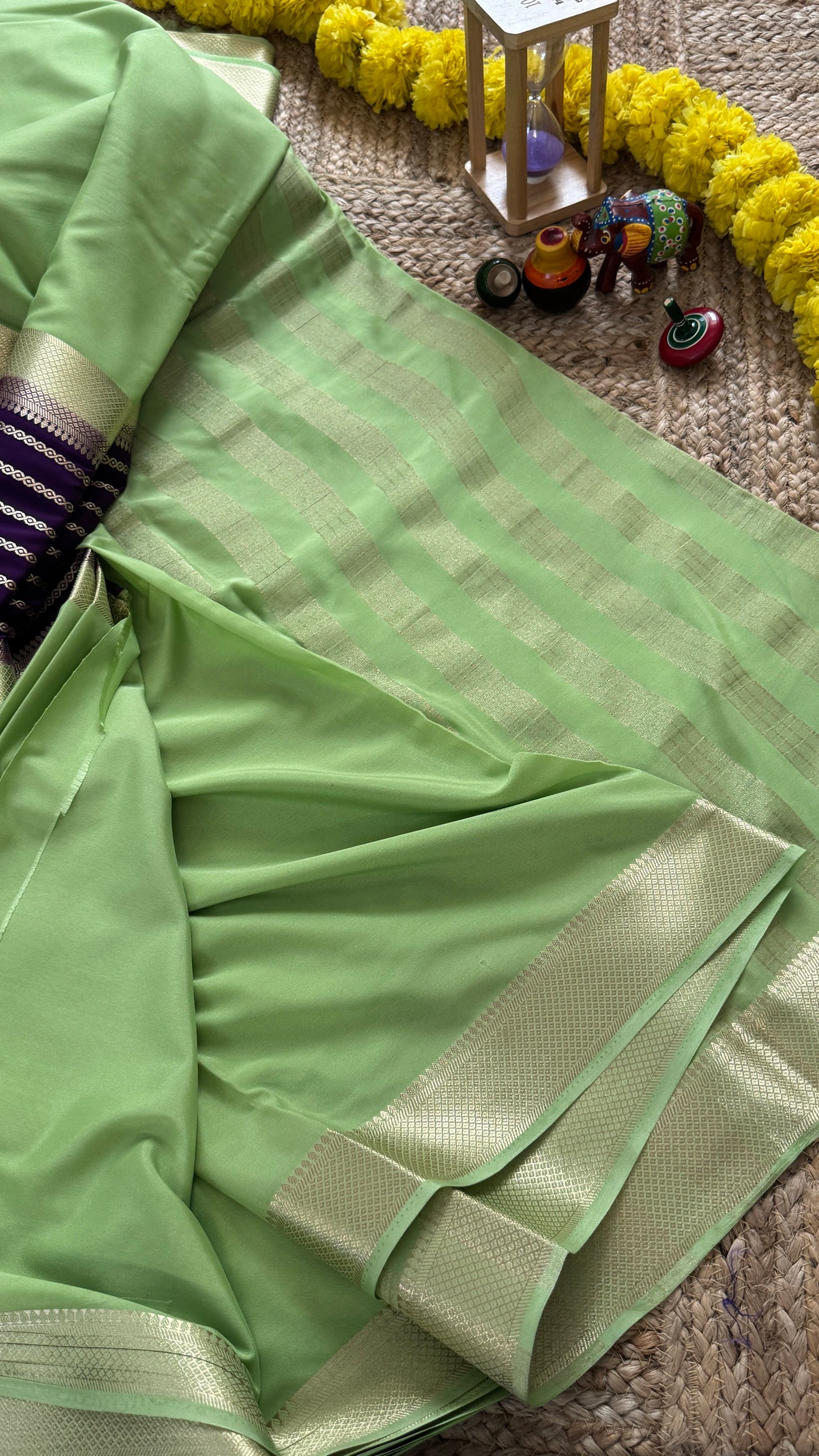Pista Green and Purple - Premium Semi Mysore Crepe Silk Centre Stripes Saree