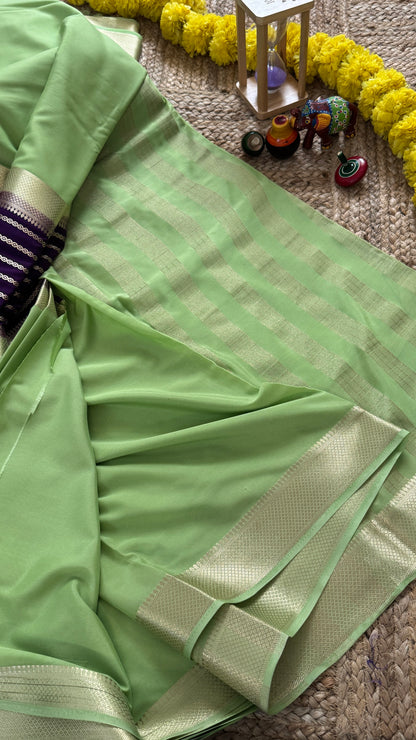 Pista Green and Purple - Premium Semi Mysore Crepe Silk Centre Stripes Saree