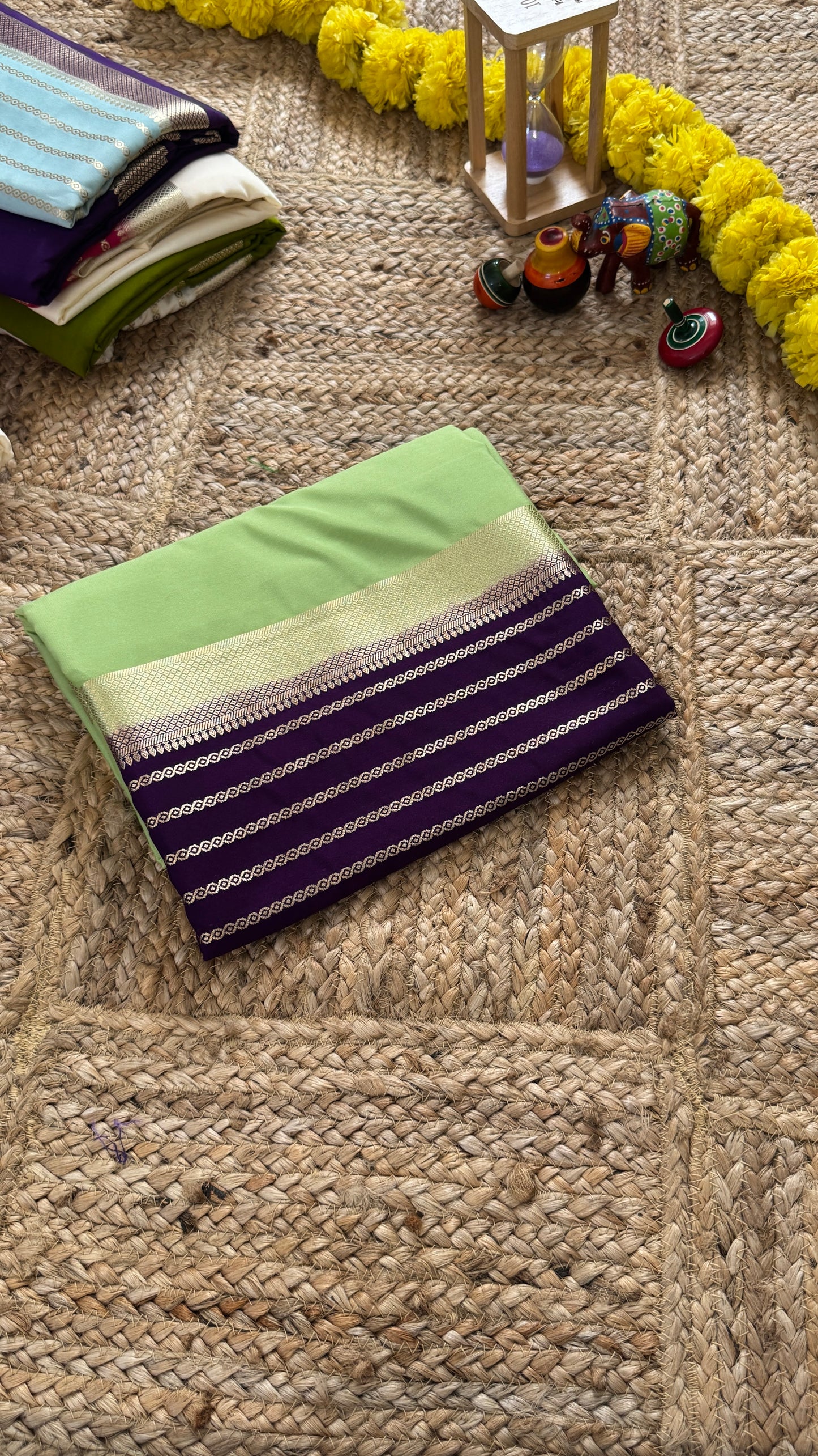 Pista Green and Purple - Premium Semi Mysore Crepe Silk Centre Stripes Saree