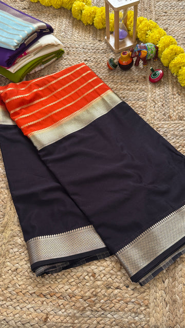 SIRI RADHA | Black and Orange - Premium Semi Mysore Crepe Silk Centre Stripes Saree