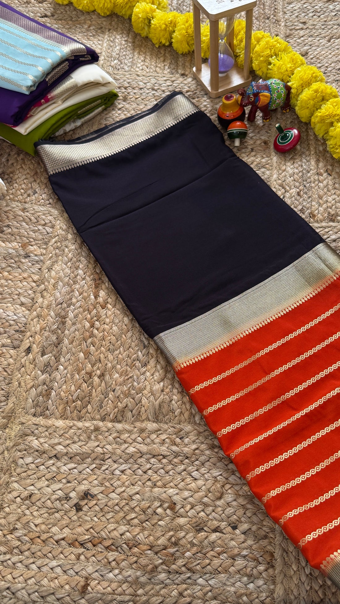 Black and Orange - Premium Semi Mysore Crepe Silk Centre Stripes Saree