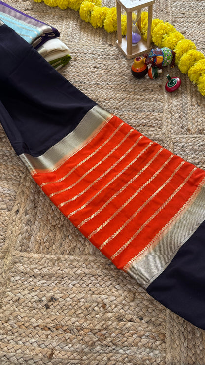 Black and Orange - Premium Semi Mysore Crepe Silk Centre Stripes Saree