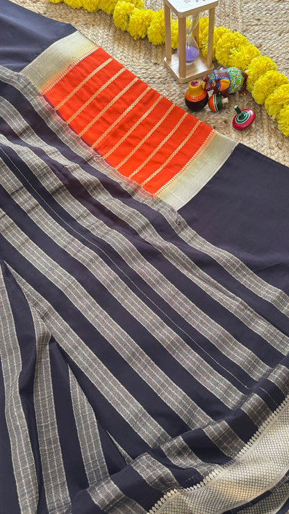Black and Orange - Premium Semi Mysore Crepe Silk Centre Stripes Saree